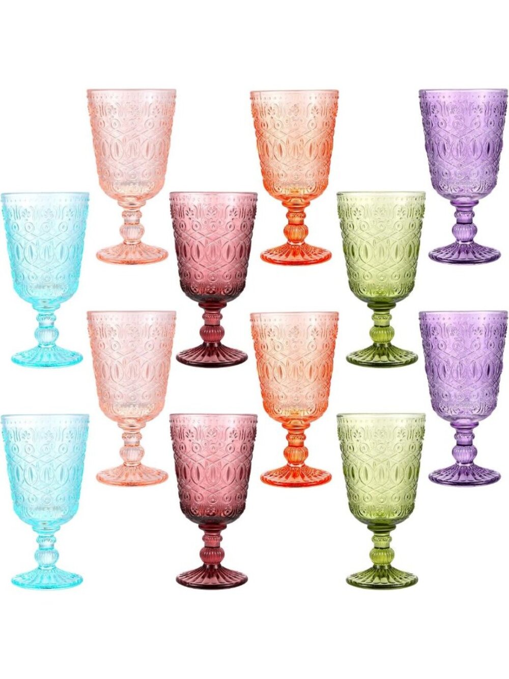 Set of 12 Vintage 9 oz Colorful Glass Goblets - Elegant Wine Glasses for Parties